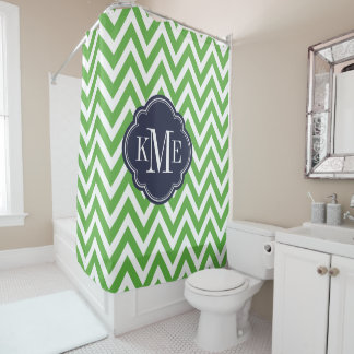 Rideaux De Douche Monogramme Chevron Green et Navy