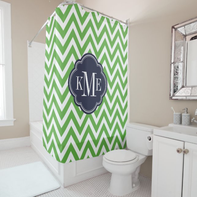 Rideaux De Douche Monogramme Chevron Green et Navy (En situation)