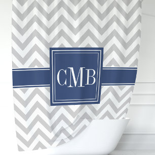 Rideaux De Douche Monogramme Chevron Personnalisé Gris Bleu Marine