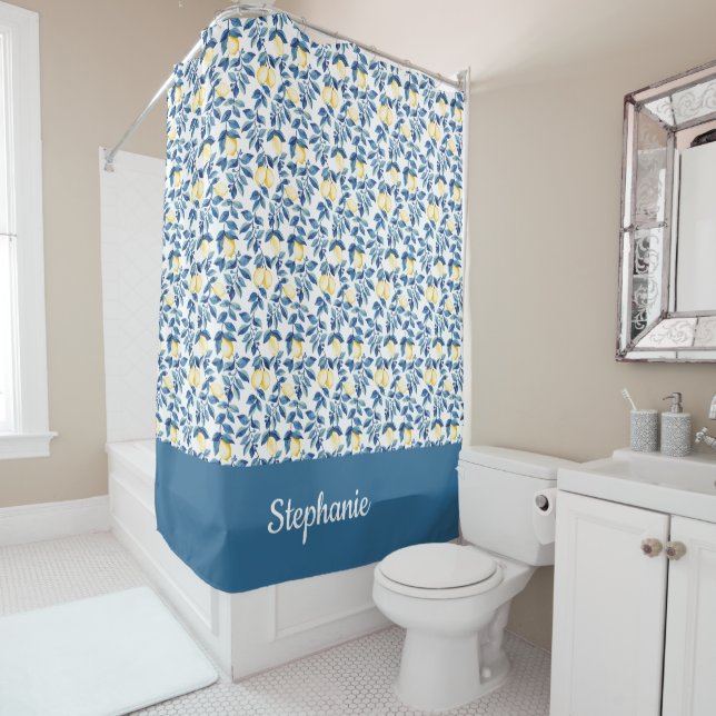 Rideaux De Douche Monogramme Citron Aquarelle Bleu Jaune (En situation)