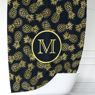Rideaux De Douche Monogramme d'ananas bleu et or de la Marine