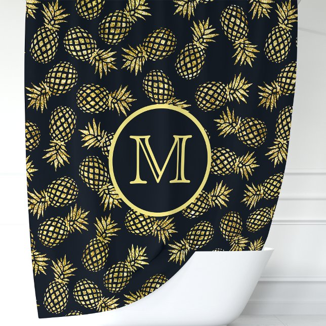 Rideaux De Douche Monogramme d'ananas bleu et or de la Marine (Créateur téléchargé)