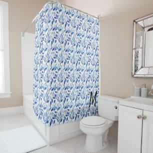 Rideaux De Douche Monogramme d'art fin en mosaïque de feuilles bleue