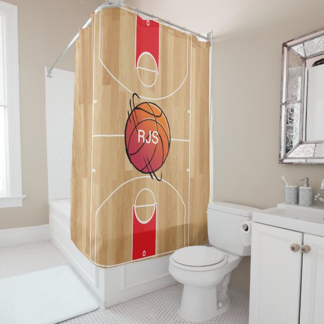 Rideaux De Douche Monogramme de basket-ball sur terrain de basket-ba (En situation)