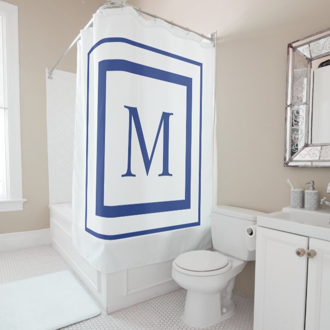 Rideaux De Douche Monogramme de bordure carré bleu et blanc (En situation)
