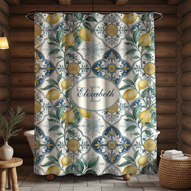 Rideaux De Douche Monogramme de carreau bleu motif de citron de camp (Créateur téléchargé)