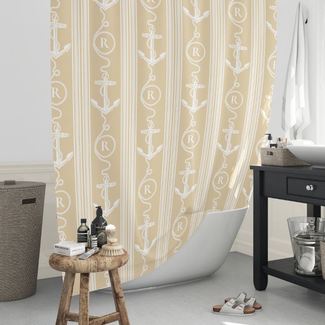 Rideaux De Douche Monogramme de corde d'Ancre blanche de sable nauti (Créateur téléchargé)