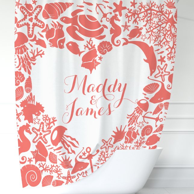 Rideaux De Douche Monogramme de Couple Cœur de Créatures de la Mer d (Créateur téléchargé)