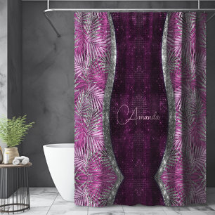 Rideaux De Douche Monogramme de feuilles scintillantes argent rose v