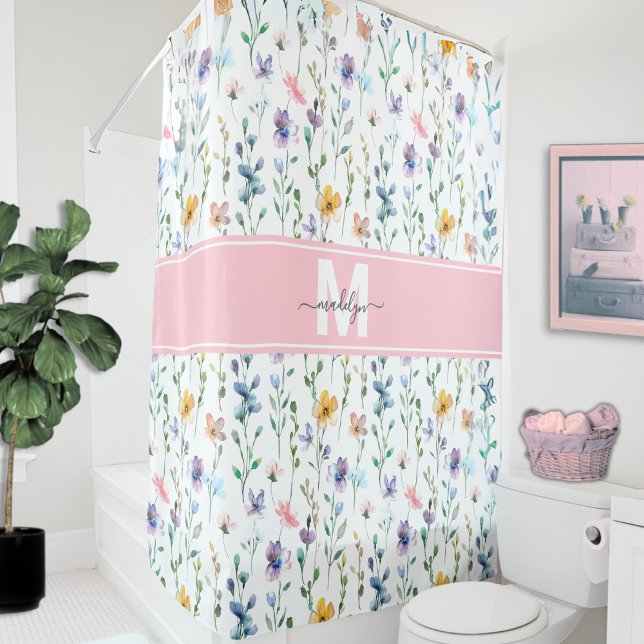 Rideaux De Douche Monogramme de fleur sauvage élégant (Elegant Wildflower Script Monogram Shower Curtain)