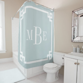 Rideaux De Douche Monogramme de la bordure de clé grecque bleue
