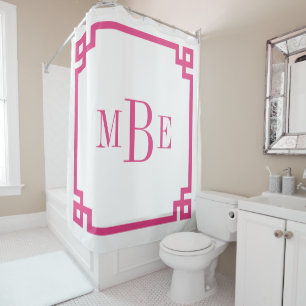 Rideaux De Douche Monogramme de la bordure de clé grecque rose et bl