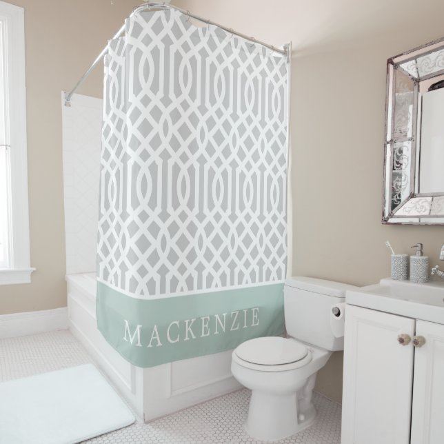 Rideaux De Douche Monogramme de la pinte et des trellis gris | Coule (En situation)