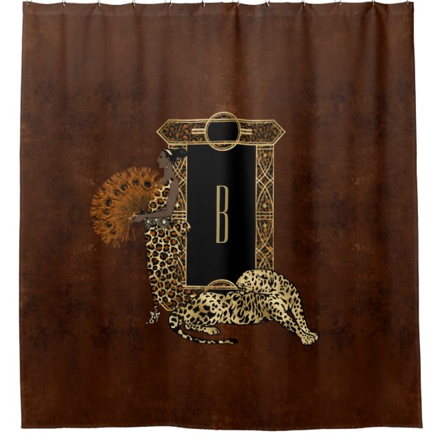 Rideaux De Douche Monogramme de léopard doré Brown Art déco (Devant)
