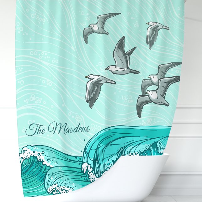 Rideaux De Douche Monogramme de mouettes et de vagues océaniques (Créateur téléchargé)