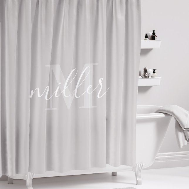 Rideaux De Douche Monogramme de nom de famille gris moderne (Créateur téléchargé)
