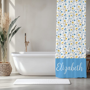 Rideaux De Douche Monogramme de nom de fleur sauvage aquarelle jaune