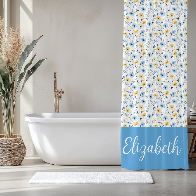 Rideaux De Douche Monogramme de nom de fleur sauvage aquarelle jaune (Créateur téléchargé)