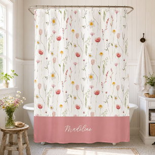 Rideaux De Douche Monogramme de nom de fleur sauvage aquarelle rose