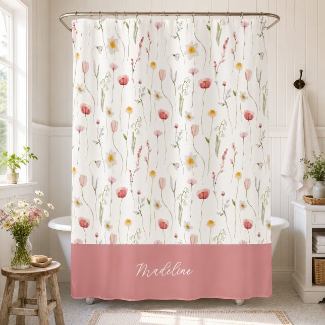 Rideaux De Douche Monogramme de nom de fleur sauvage aquarelle rose  (Créateur téléchargé)