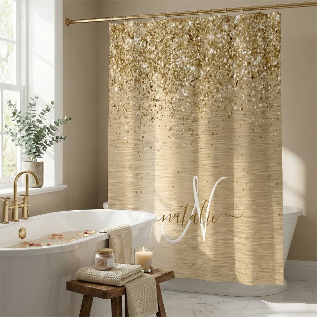 Rideaux De Douche Monogramme de nom pailleté en métal brossé or (Créateur téléchargé)