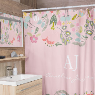 Rideaux De Douche Monogramme de nom personnalisé floral rose élégant