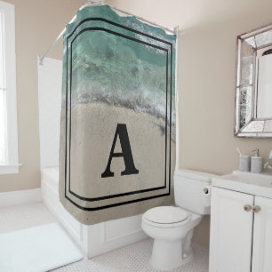 Rideaux De Douche Monogramme de plage Nom Ocean Artsy Turquoise Blac