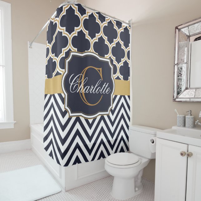 Rideaux De Douche Monogramme de Quatrefol Chevron (En situation)