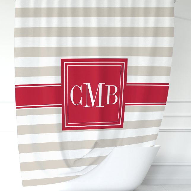 Rideaux De Douche Monogramme de rayures beige et rouge (Créateur téléchargé)