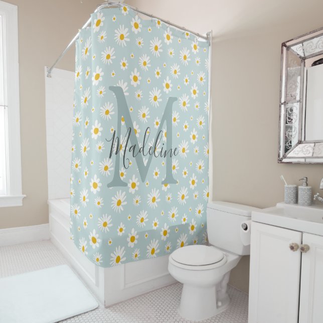 Rideaux De Douche Monogramme de script chic minimal daisy sarcelle (En situation)