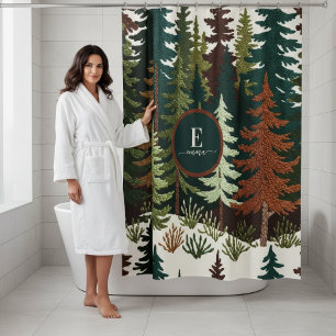 Rideaux De Douche Monogramme de style brodé vintage forêt boisée