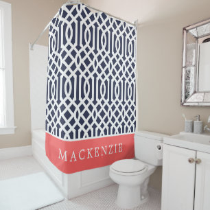Rideaux De Douche Monogramme de treillis de corail et de marine