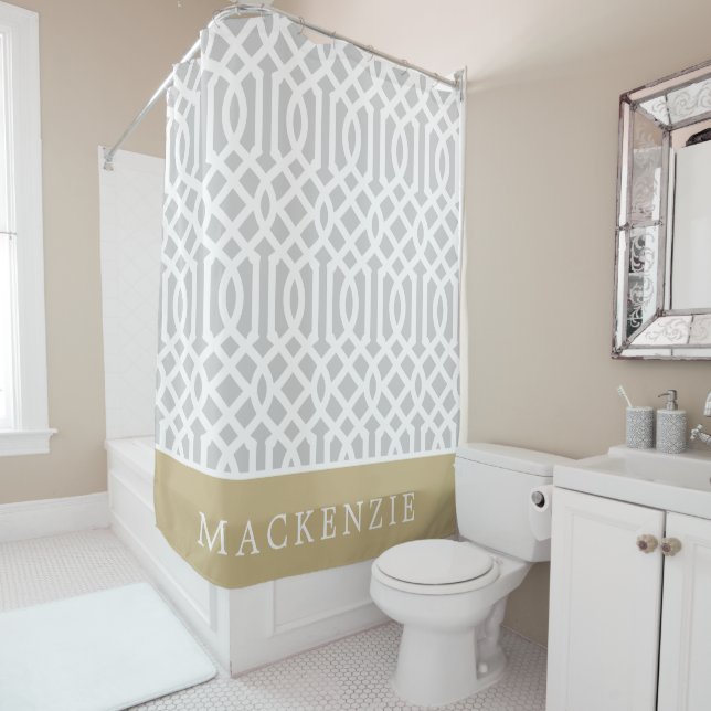 Rideaux De Douche Monogramme de treillis d'or et de gris | Couleurs  (En situation)