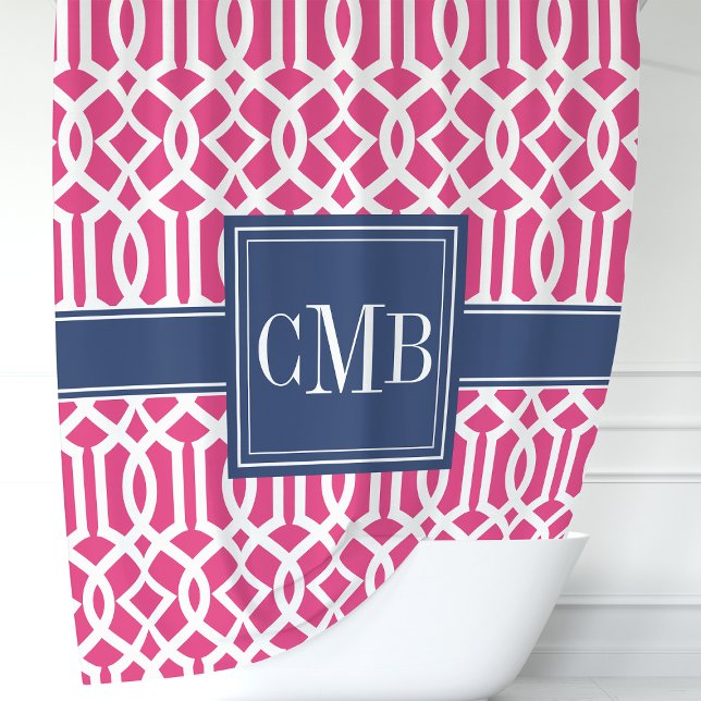 Rideaux De Douche Monogramme de Trellis marocain Hot Pink et Navy (Créateur téléchargé)