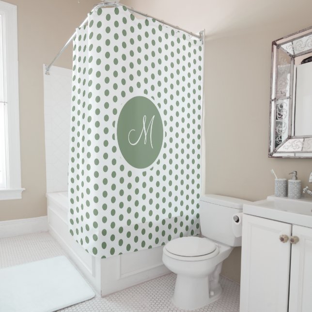 Rideaux De Douche Monogramme des Pois verts et blancs Sage (En situation)