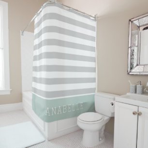 Rideaux De Douche Monogramme des rayures de menthe et de gris Coul