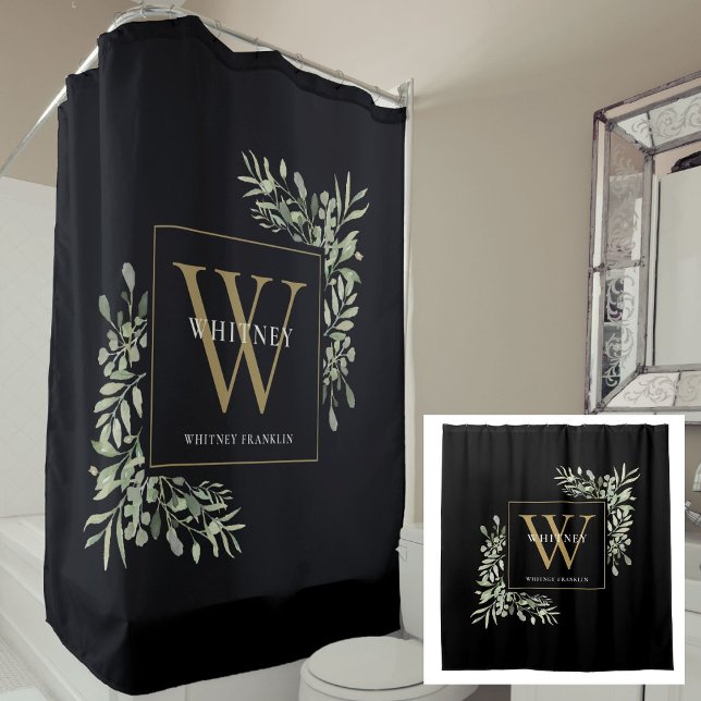 Rideaux De Douche Monogramme d'or noir personnalisé Aquarelle Floral (Personalized Black Gold Monogram Watercolor Floral Shower Curtain)