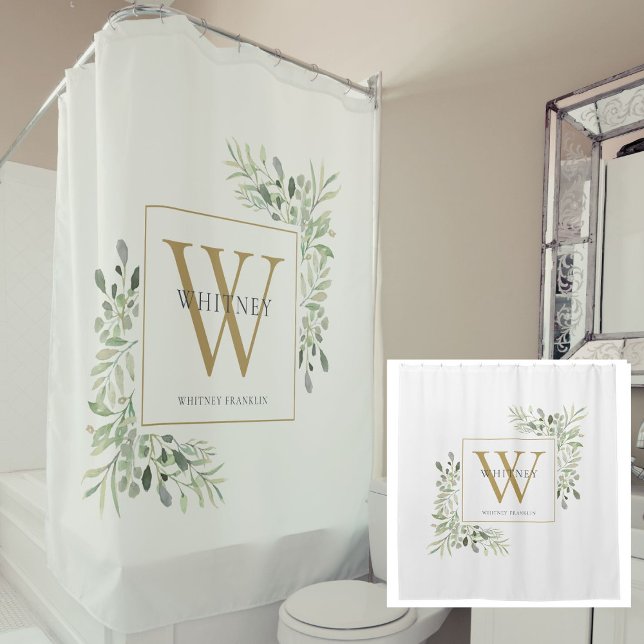 Rideaux De Douche Monogramme d'or personnalisé Aquarelle Verdure (Personalized Gold Monogram Watercolor Greenery Shower Curtain)