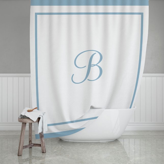 Rideaux De Douche Monogramme élégant à bordure bleue poussiéreuse en (Créateur téléchargé)