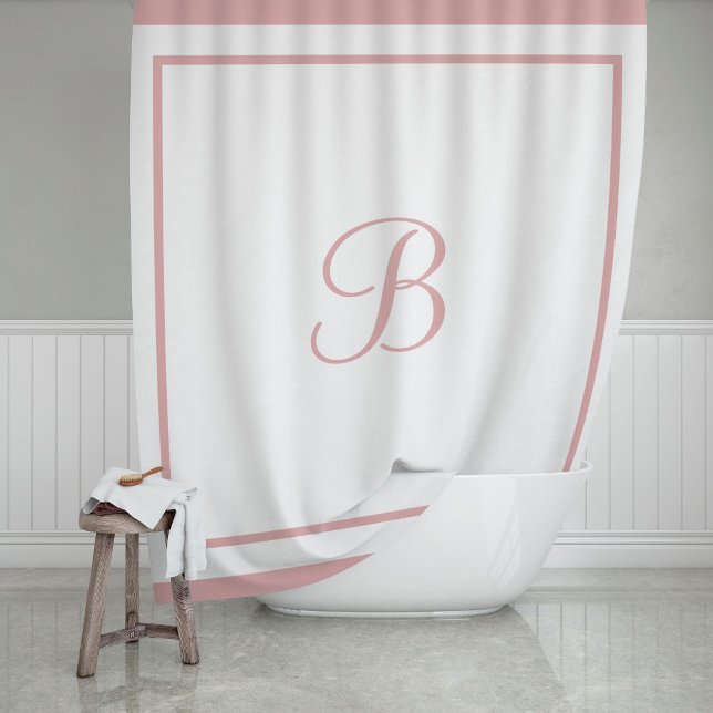 Rideaux De Douche Monogramme élégant à bordure rose en écriture scri (Créateur téléchargé)