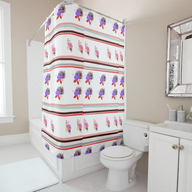 Rideaux De Douche Monogramme Élégant Chic Floral et rayé (En situation)