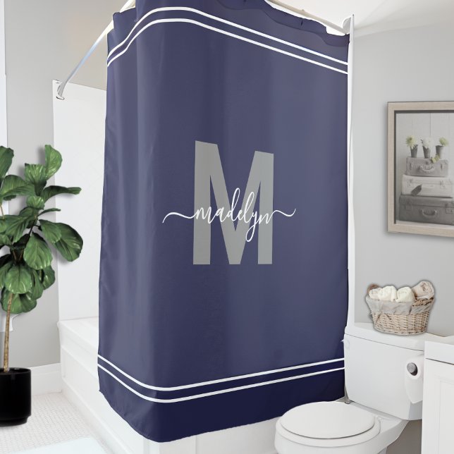 Rideaux De Douche Monogramme élégant de nom Bleu marine (Elegant Name Monogram Navy Blue Shower Curtain)