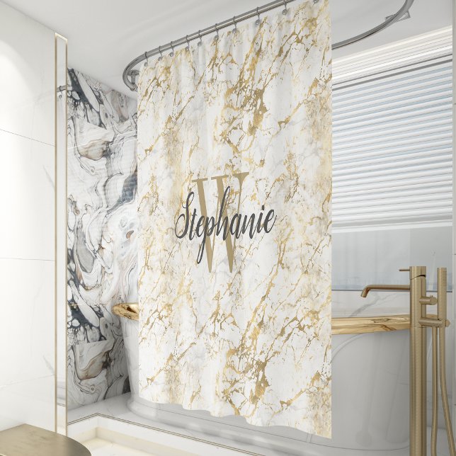 Rideaux De Douche Monogramme élégant en écriture manuscrite sur marb (Créateur téléchargé)