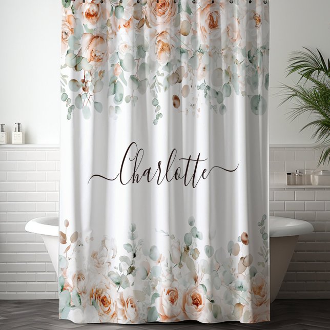 Rideaux De Douche Monogramme Élégant Floral de Rose Rustique de Verd (In situ)