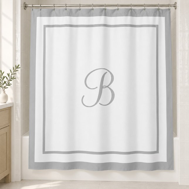 Rideaux De Douche Monogramme élégant gris bordure script (Créateur téléchargé)