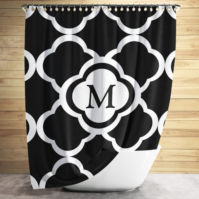 Rideaux De Douche Monogramme élégant noir et blanc (Créateur téléchargé)