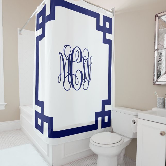 Rideaux De Douche Monogramme en écriture Navy blanche Clé grecque DI (Créateur téléchargé)