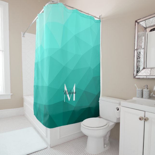 Rideaux De Douche Monogramme en maille géométrique dégradé turquoise (En situation)