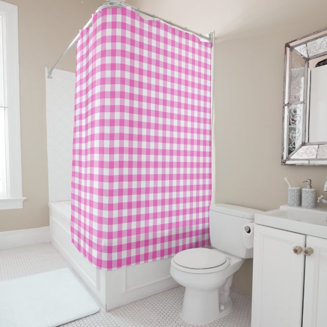 Rideaux De Douche Monogramme En vichy plaid rose et blanc (En situation)