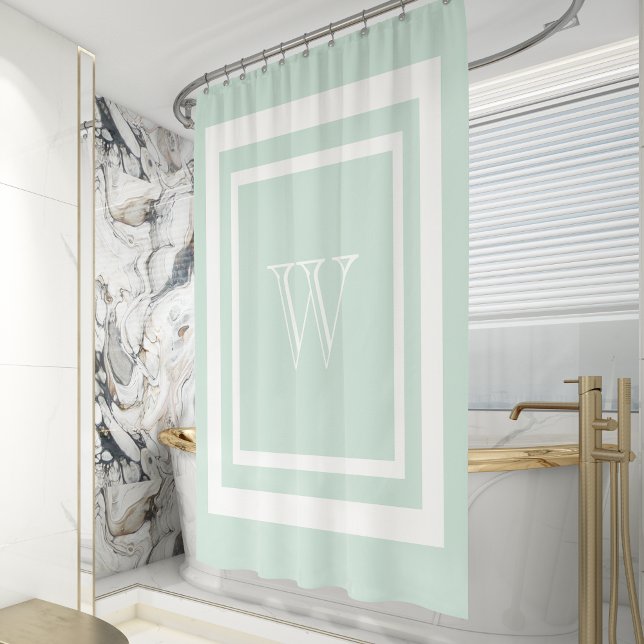 Rideaux De Douche Monogramme encadré blanc vert de mer (Créateur téléchargé)